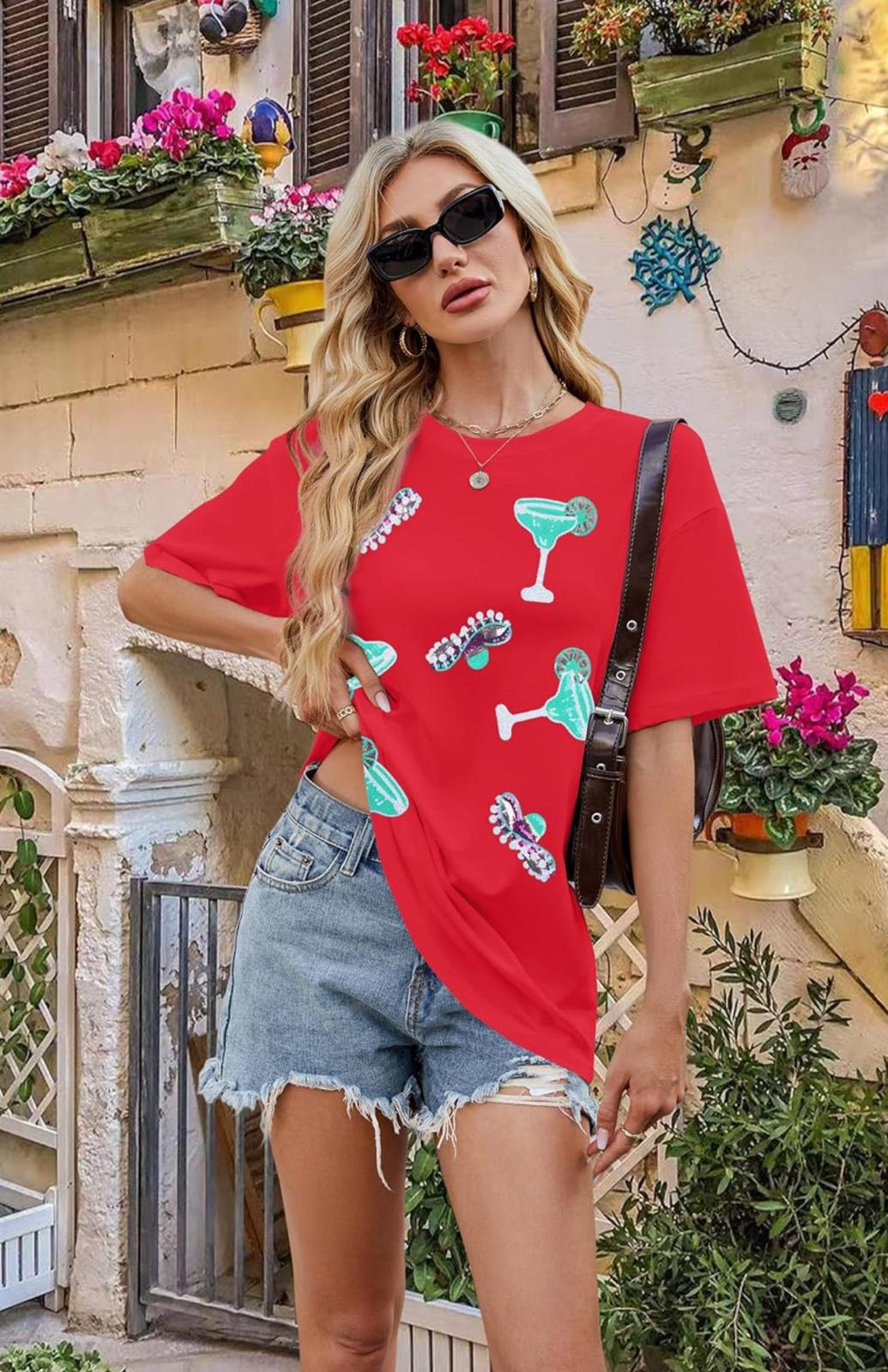 Women's Sequin Short Sleeve T-Shirt, Mexican Design, Mexican Design, Mexican Design, Glitter.