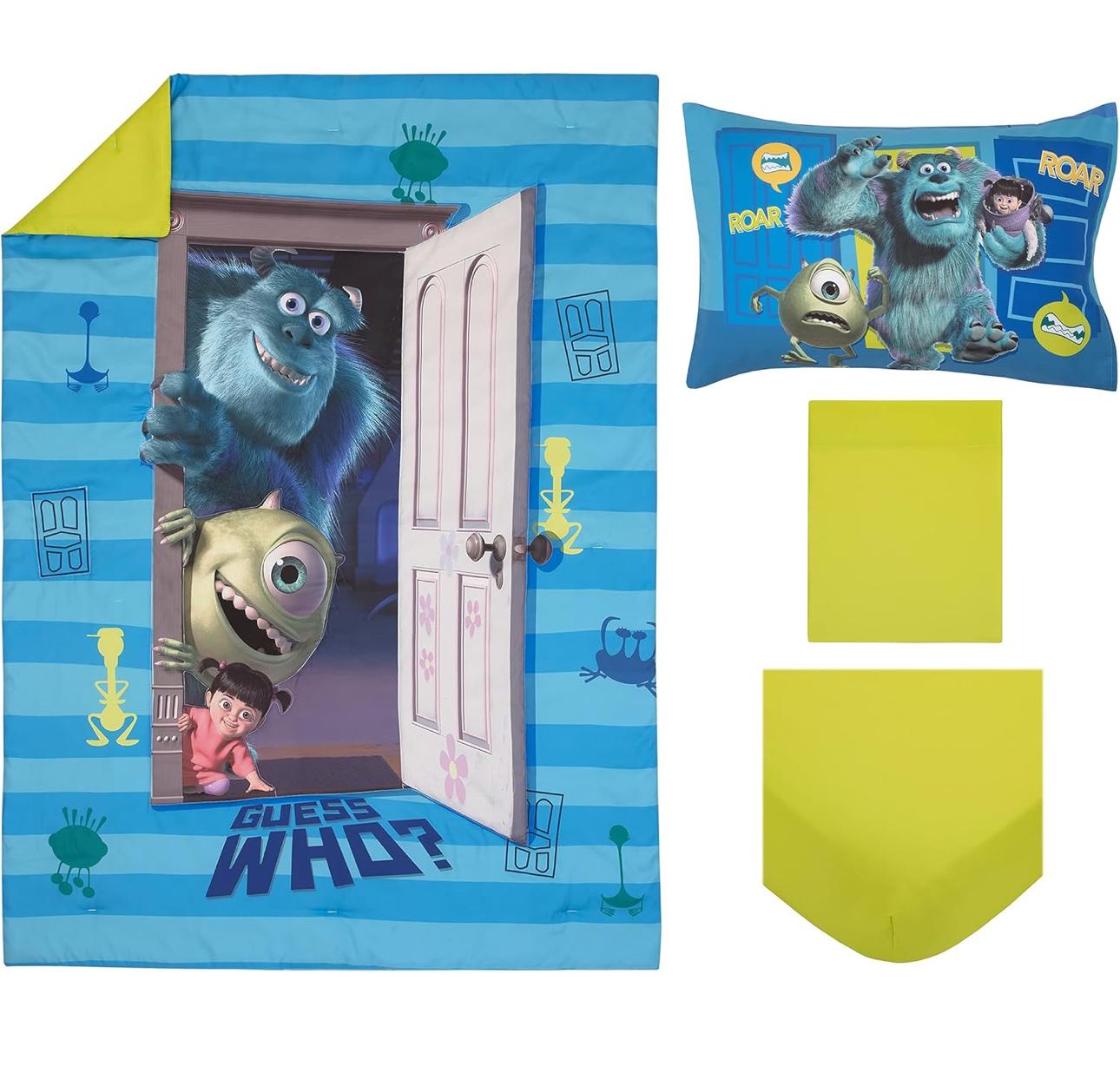 Disney Monsters Inc. 4-Piece Toddler Bedding Set Featuring Sully, Mike, and Boo in Blue and Green - Comforter, Fitted Sheet, Flat Sheet and Pillowcase.