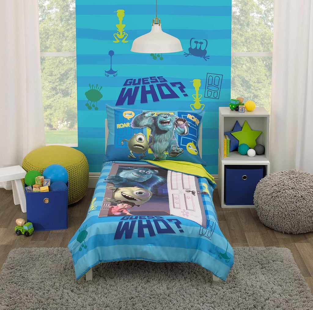 Disney Monsters Inc. 4-Piece Toddler Bedding Set Featuring Sully, Mike, and Boo in Blue and Green - Comforter, Fitted Sheet, Flat Sheet and Pillowcase.