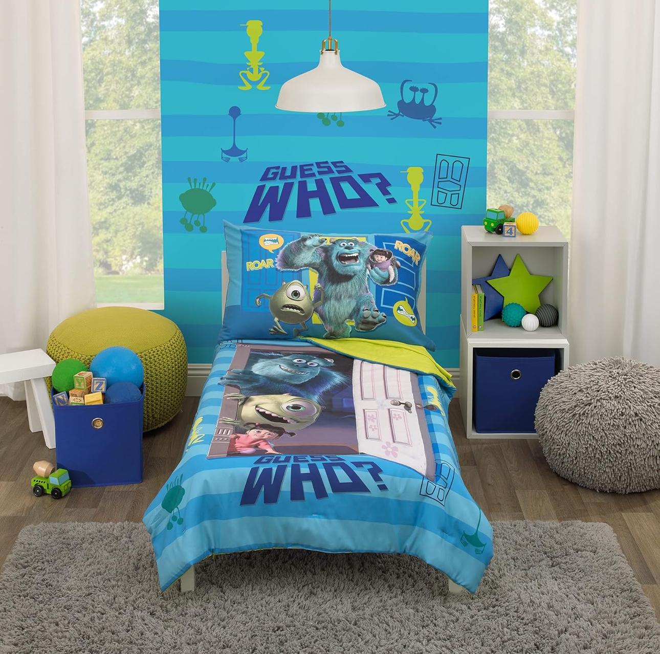 Disney Monsters Inc. 4-Piece Toddler Bedding Set Featuring Sully, Mike, and Boo in Blue and Green - Comforter, Fitted Sheet, Flat Sheet and Pillowcase.