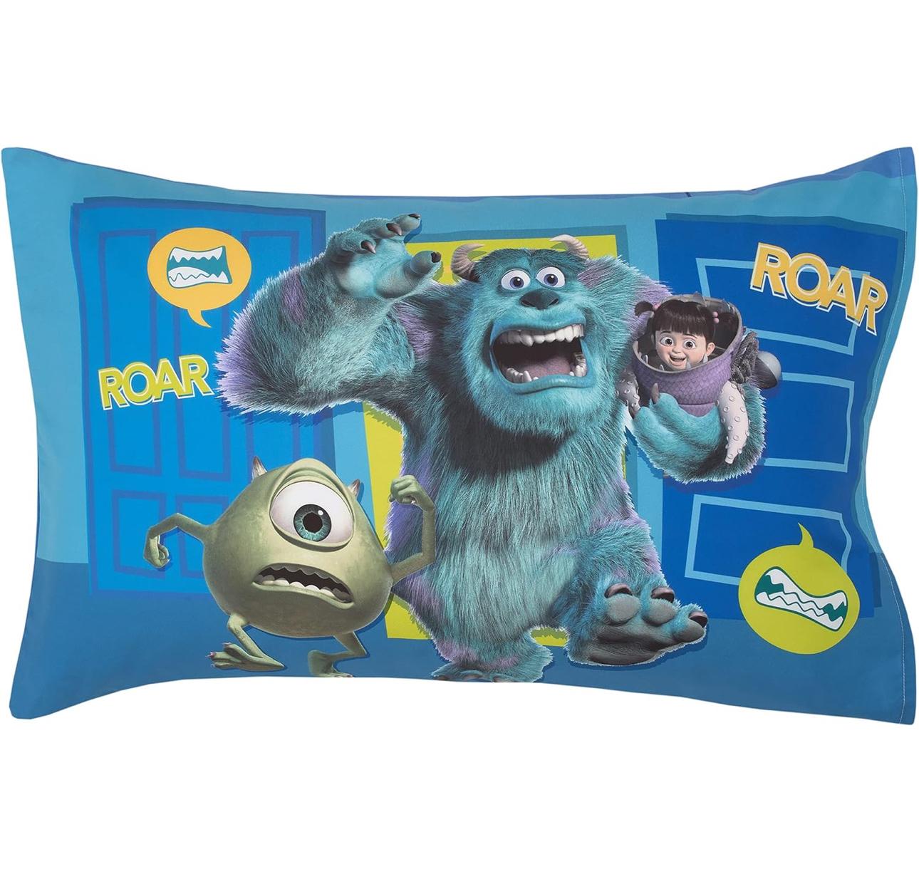 Disney Monsters Inc. 4-Piece Toddler Bedding Set Featuring Sully, Mike, and Boo in Blue and Green - Comforter, Fitted Sheet, Flat Sheet and Pillowcase.