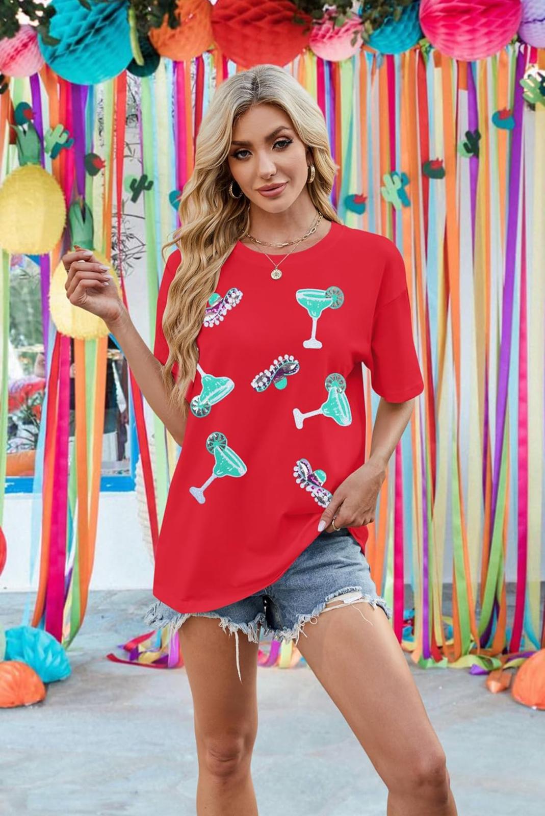 Women's Sequin Short Sleeve T-Shirt, Mexican Design, Mexican Design, Mexican Design, Glitter.