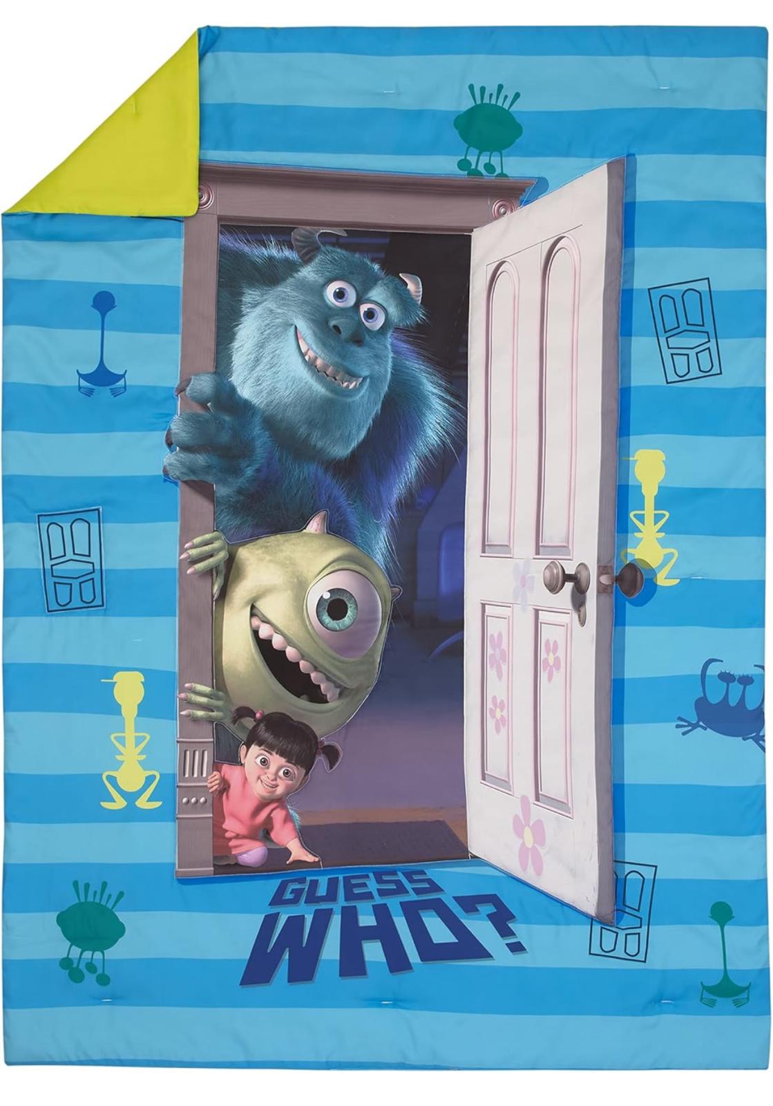 Disney Monsters Inc. 4-Piece Toddler Bedding Set Featuring Sully, Mike, and Boo in Blue and Green - Comforter, Fitted Sheet, Flat Sheet and Pillowcase.