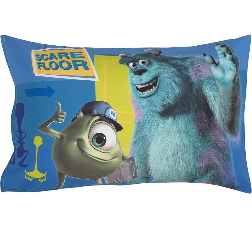 Disney Monsters Inc. 4-Piece Toddler Bedding Set Featuring Sully, Mike, and Boo in Blue and Green - Comforter, Fitted Sheet, Flat Sheet and Pillowcase.