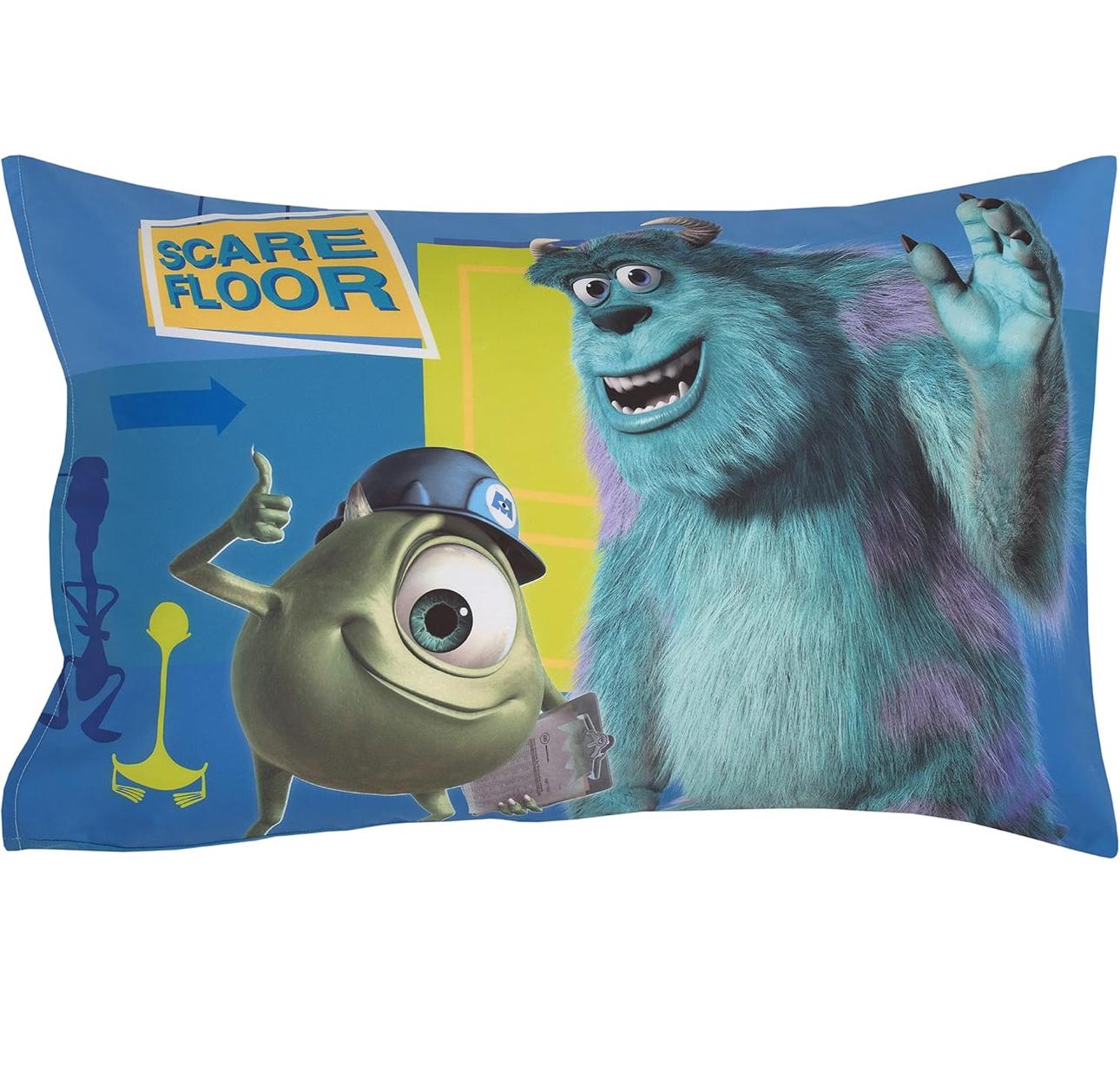 Disney Monsters Inc. 4-Piece Toddler Bedding Set Featuring Sully, Mike, and Boo in Blue and Green - Comforter, Fitted Sheet, Flat Sheet and Pillowcase.